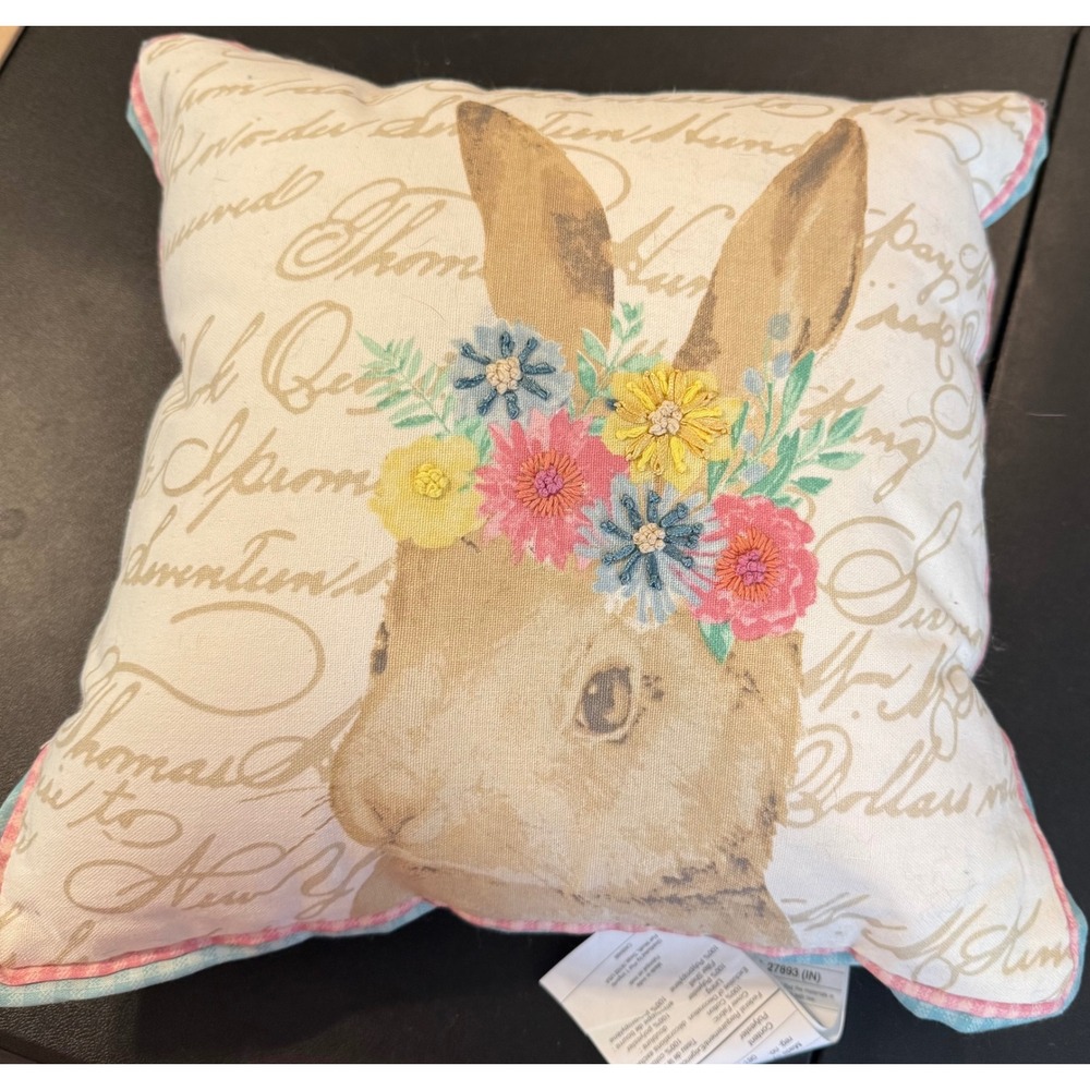 Pier 1 Throw Pillow Tan Bunny Floral Embroidered Striped Farmhouse Easter 12X12